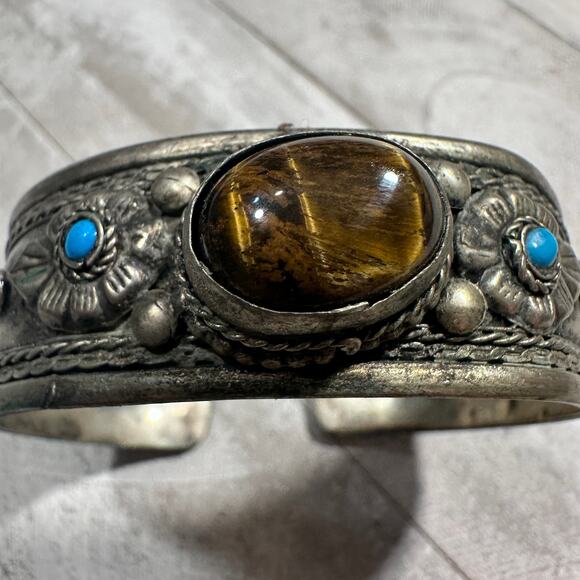 None Jewelry - Tiger's Eye Turquenite cuff bracelet Tibetan Silver Nepalese Unisex